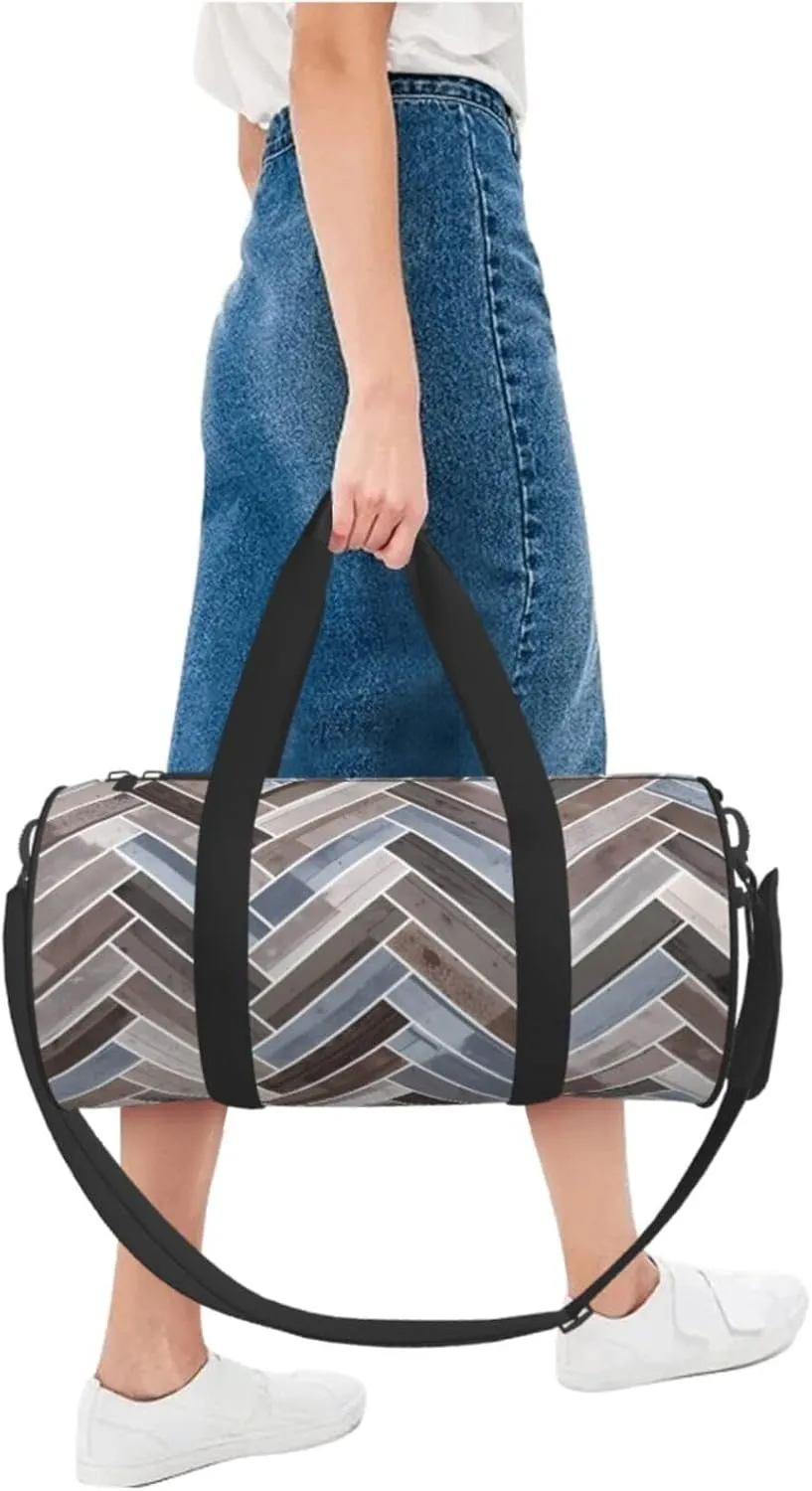 Herringbone in Blue Brown Grey Round Travel Duffel Bag Large Capacity Gym Sports Bags for Hiking Vacation Trips