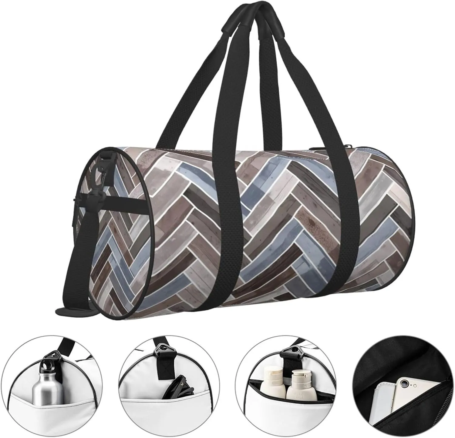 Herringbone in Blue Brown Grey Round Travel Duffel Bag Large Capacity Gym Sports Bags for Hiking Vacation Trips
