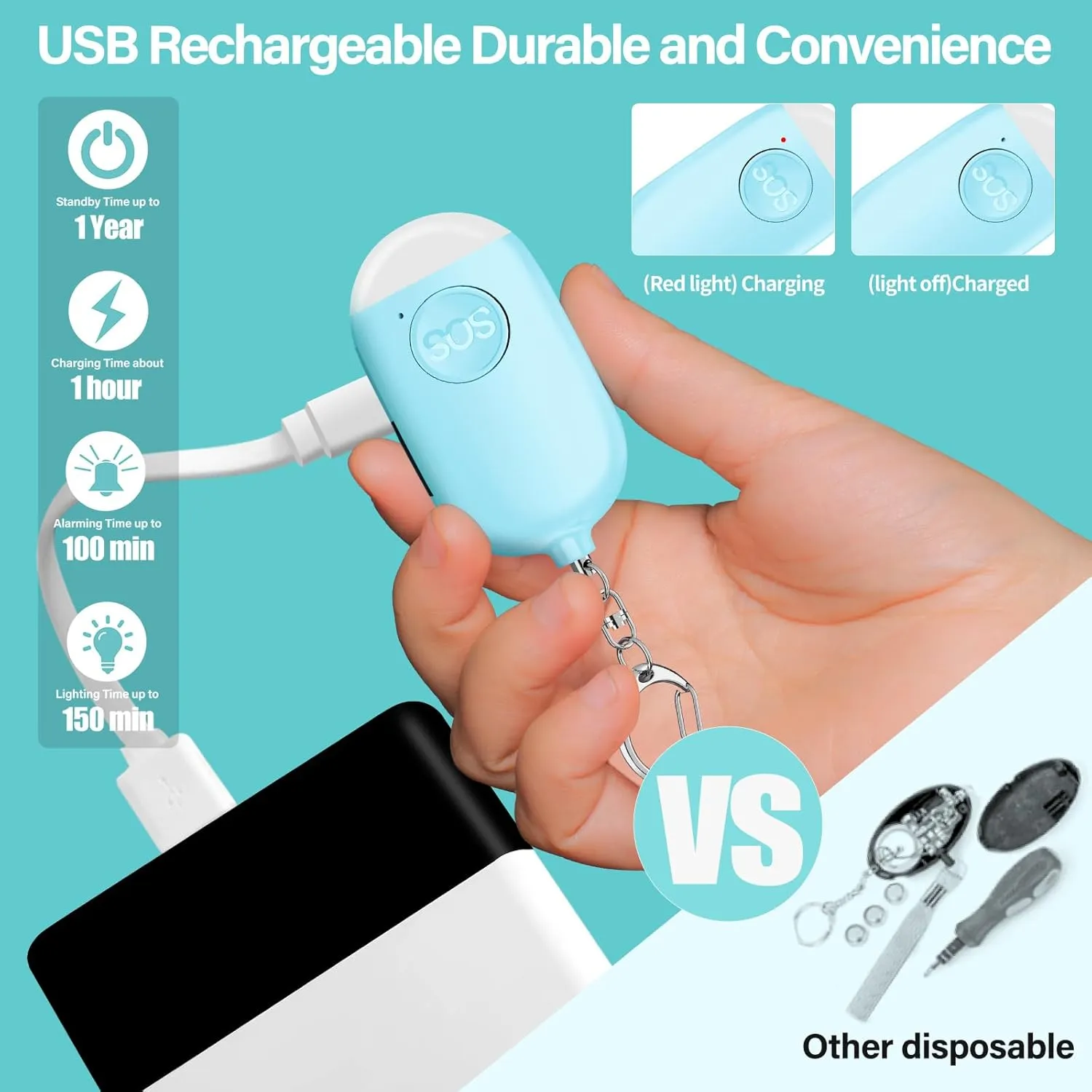 Hion Personal Safety Alarms for Women, 2 Pack Rechargeable 130dB Self Defense Alarm Keychain with LED Flashlight, Emergency Safe Sound Security Alarm for Children Elderly College Girls Men(Black Blue)