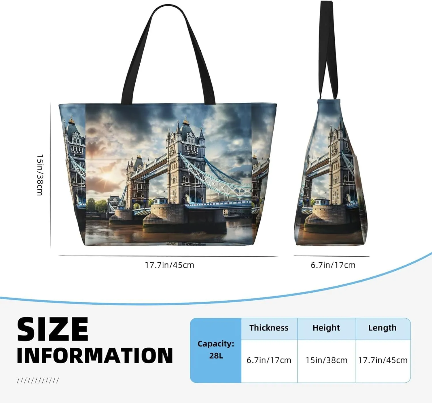 Historic Old Tower Bridge London Large Capacity Tote Bag With Zipper Sandproof Women Beach Bag Handbag Gym Bag Travel