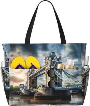 Historic Old Tower Bridge London Large Capacity Tote Bag With Zipper Sandproof Women Beach Bag Handbag Gym Bag Travel