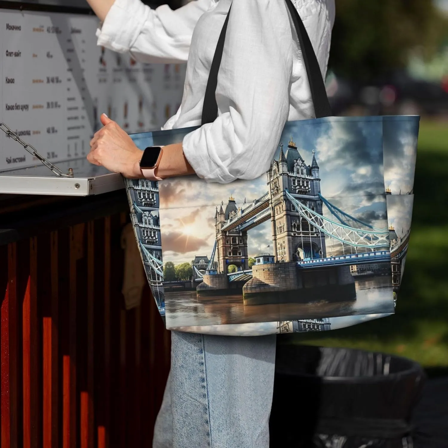 Historic Old Tower Bridge London Large Capacity Tote Bag With Zipper Sandproof Women Beach Bag Handbag Gym Bag Travel