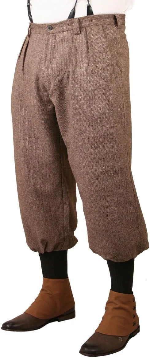 Historical Emporium Men's Wool Blend Herringbone Tweed Knickers, Victorian and Edwardian Short Pants with Suspender Buttons