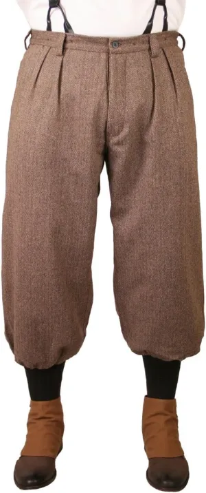 Historical Emporium Men's Wool Blend Herringbone Tweed Knickers, Victorian and Edwardian Short Pants with Suspender Buttons