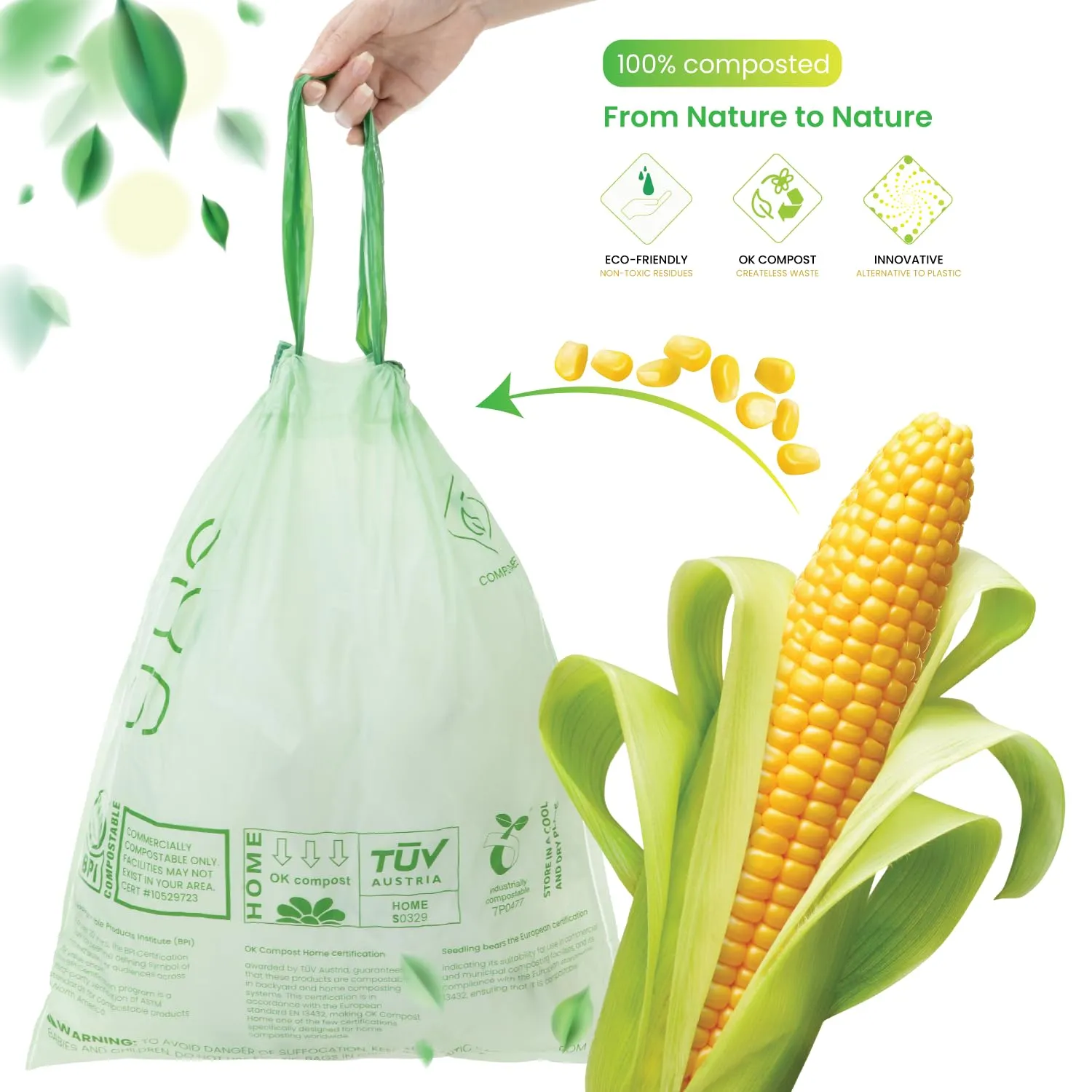 Home Zone Living 2.58 Gallon Small Compost Kitchen Trash Bags with Drawstring Handles, BPI-Certified Eco Friendly, Heavy Duty Custom Fit for 10 Liter Trash Can Liner, Code 9.8S, 100 Count, Green