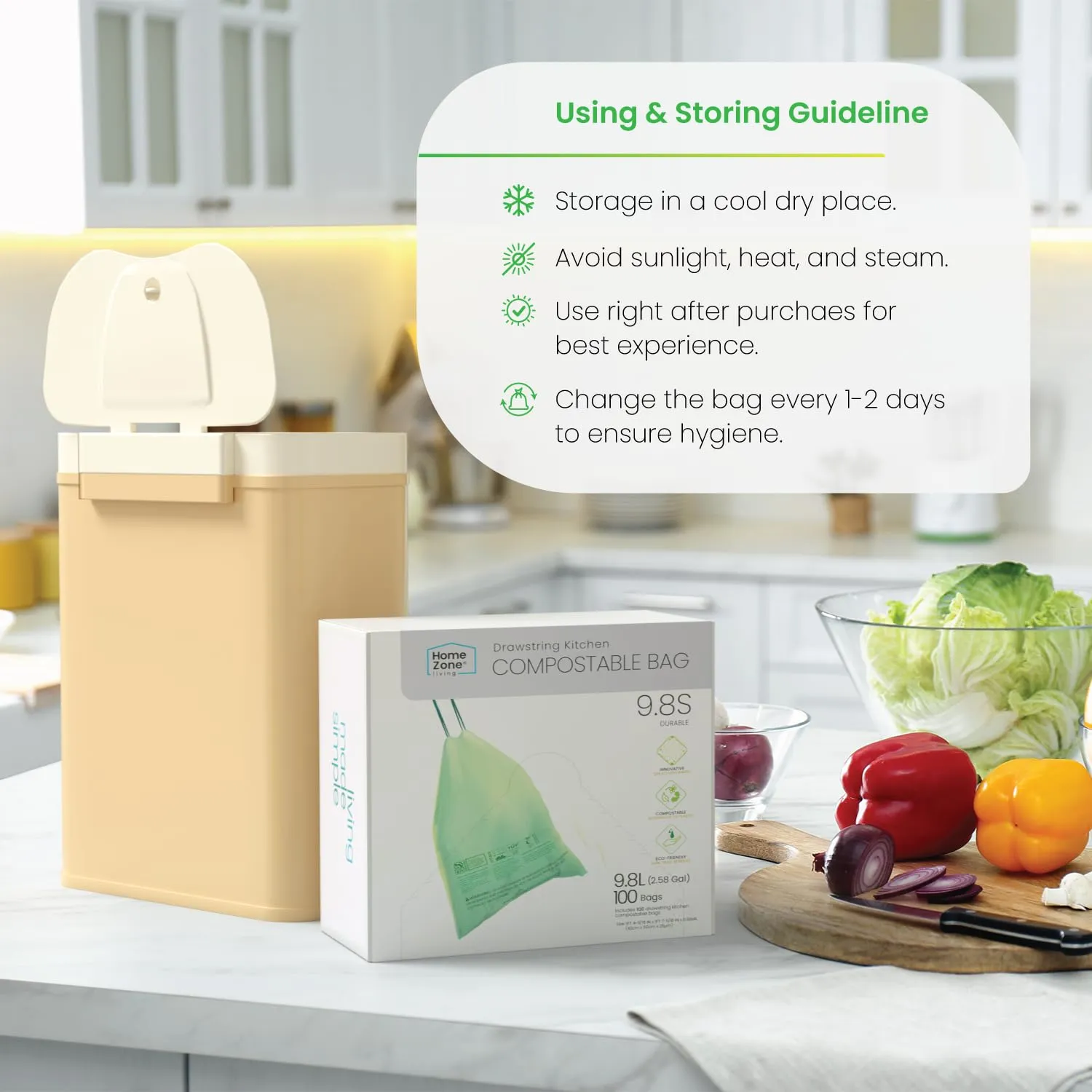 Home Zone Living 2.58 Gallon Small Compost Kitchen Trash Bags with Drawstring Handles, BPI-Certified Eco Friendly, Heavy Duty Custom Fit for 10 Liter Trash Can Liner, Code 9.8S, 100 Count, Green