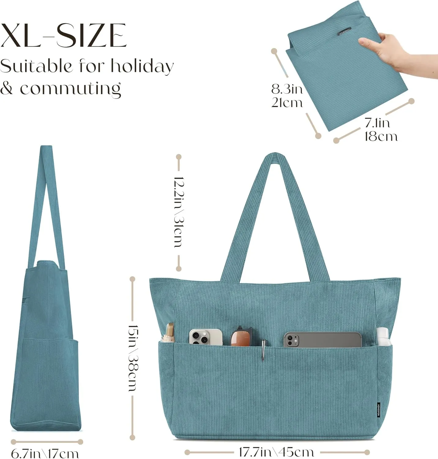 HOMESPON Large Corduroy Tote Bag for Women Everyday Shoulder Bag with Pockets and Zipper for Work Travel Vacation