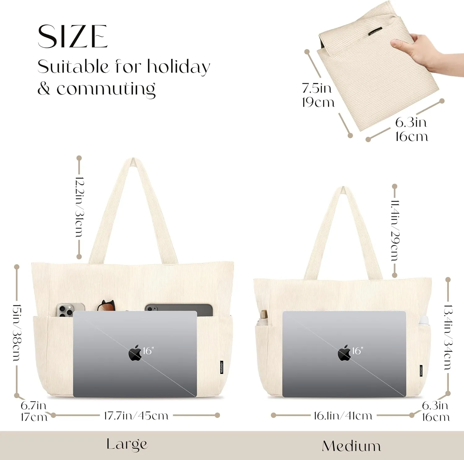 HOMESPON Large Corduroy Tote Bag for Women Everyday Shoulder Bag with Pockets and Zipper for Work Travel Vacation