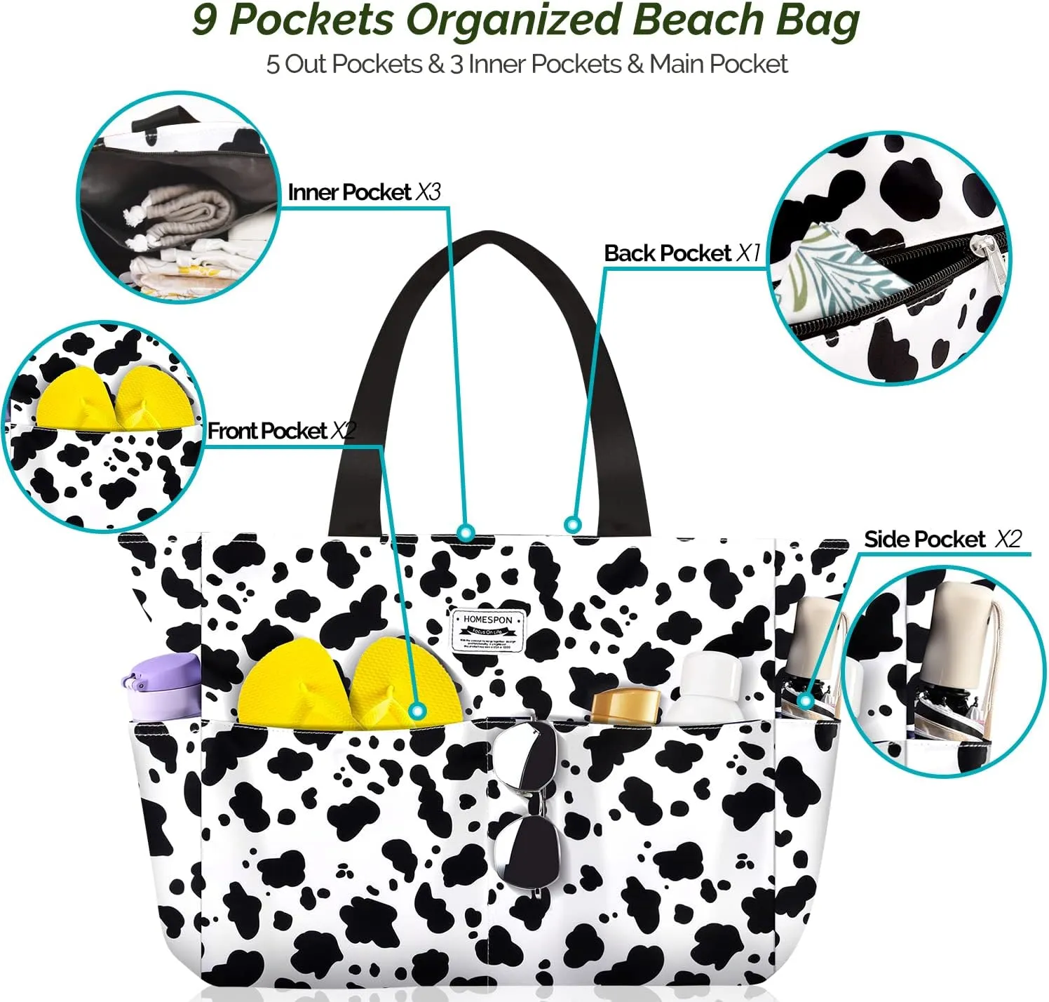 HOMESPON Large Waterproof Beach Bag for Women Sandproof Tote Bag Pool Bag with Zipper and Pockets for Travel Vacation Gym