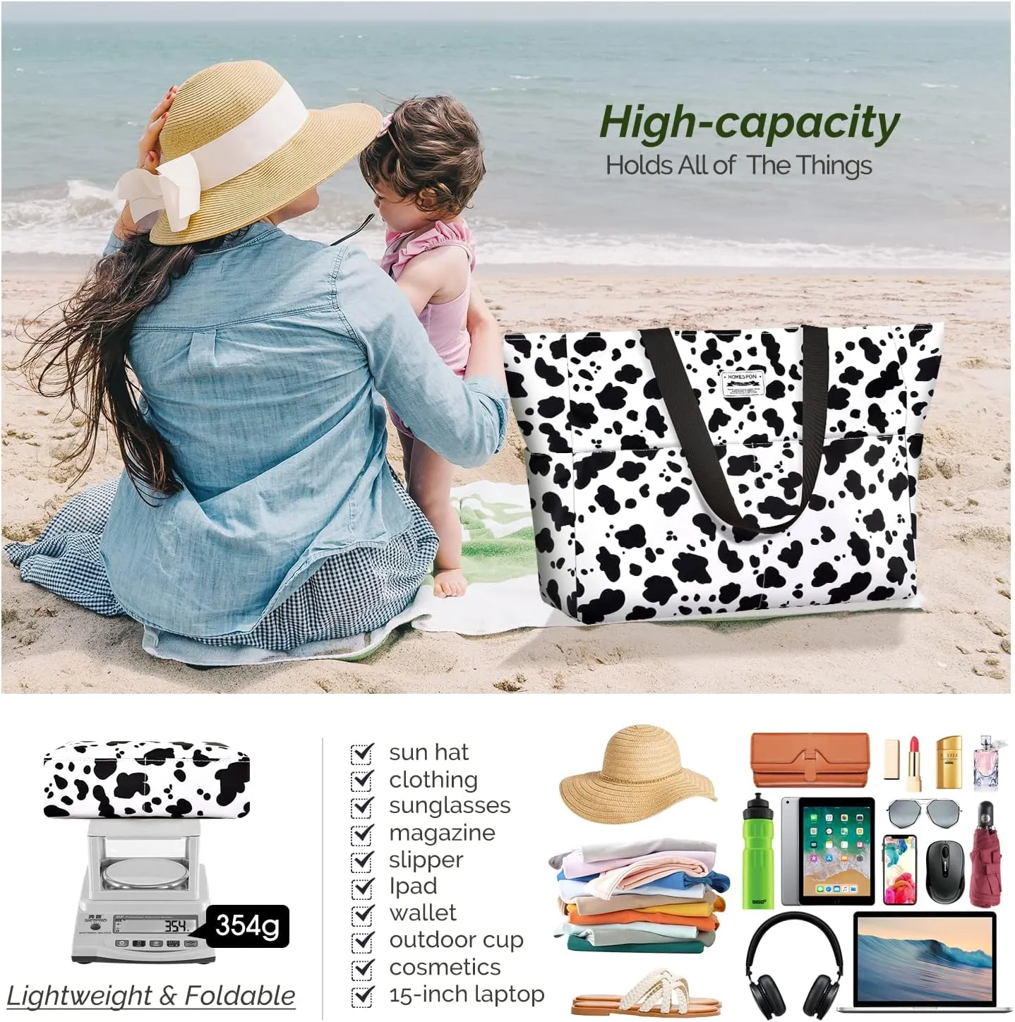 HOMESPON Large Waterproof Beach Bag for Women Sandproof Tote Bag Pool Bag with Zipper and Pockets for Travel Vacation Gym