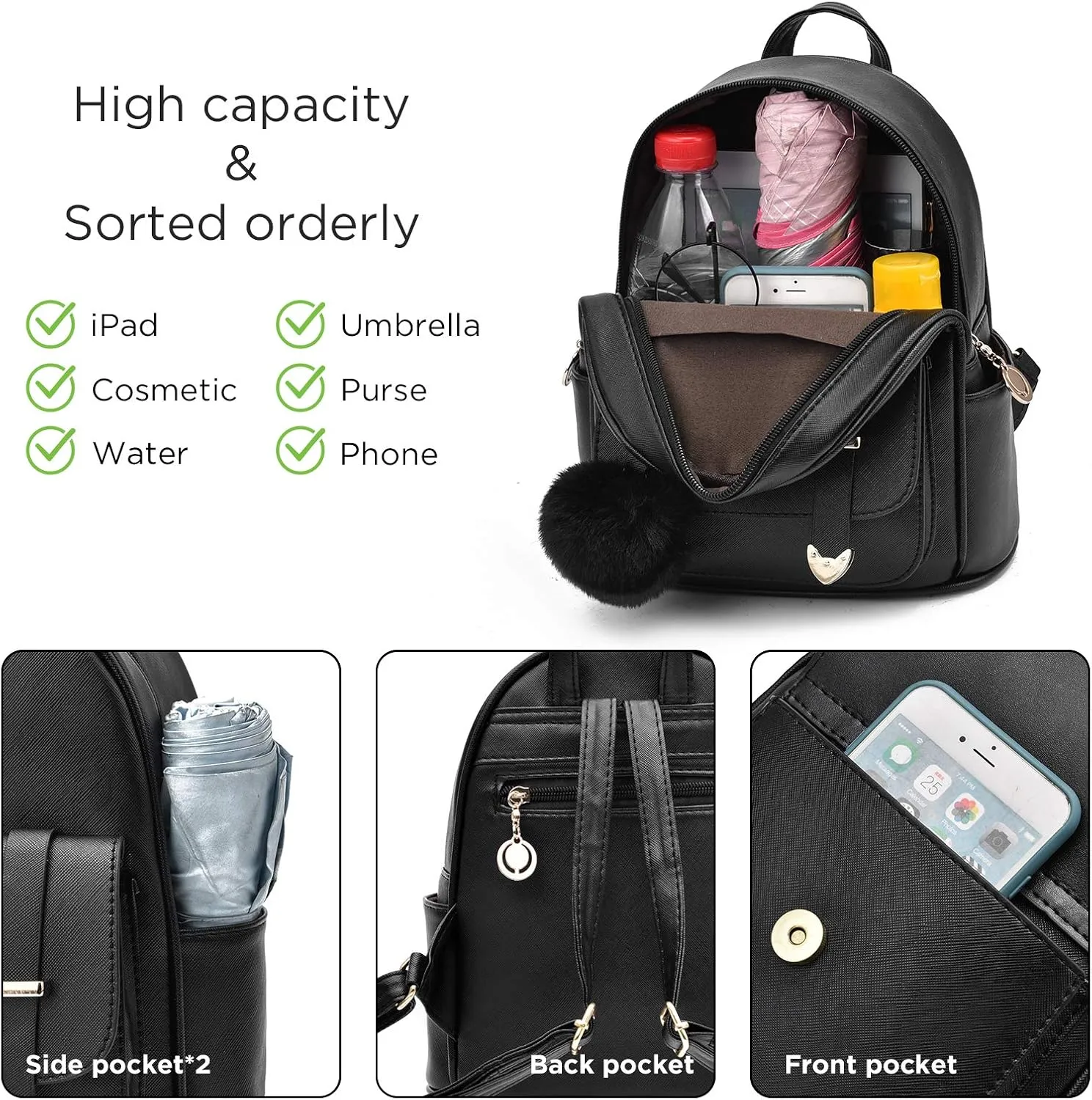 I IHAYNER Girls Fashion Backpack Mini Backpack Purse for Women Teenage Girls Purses PU Leather Pompom Backpack Shoulder Bag
