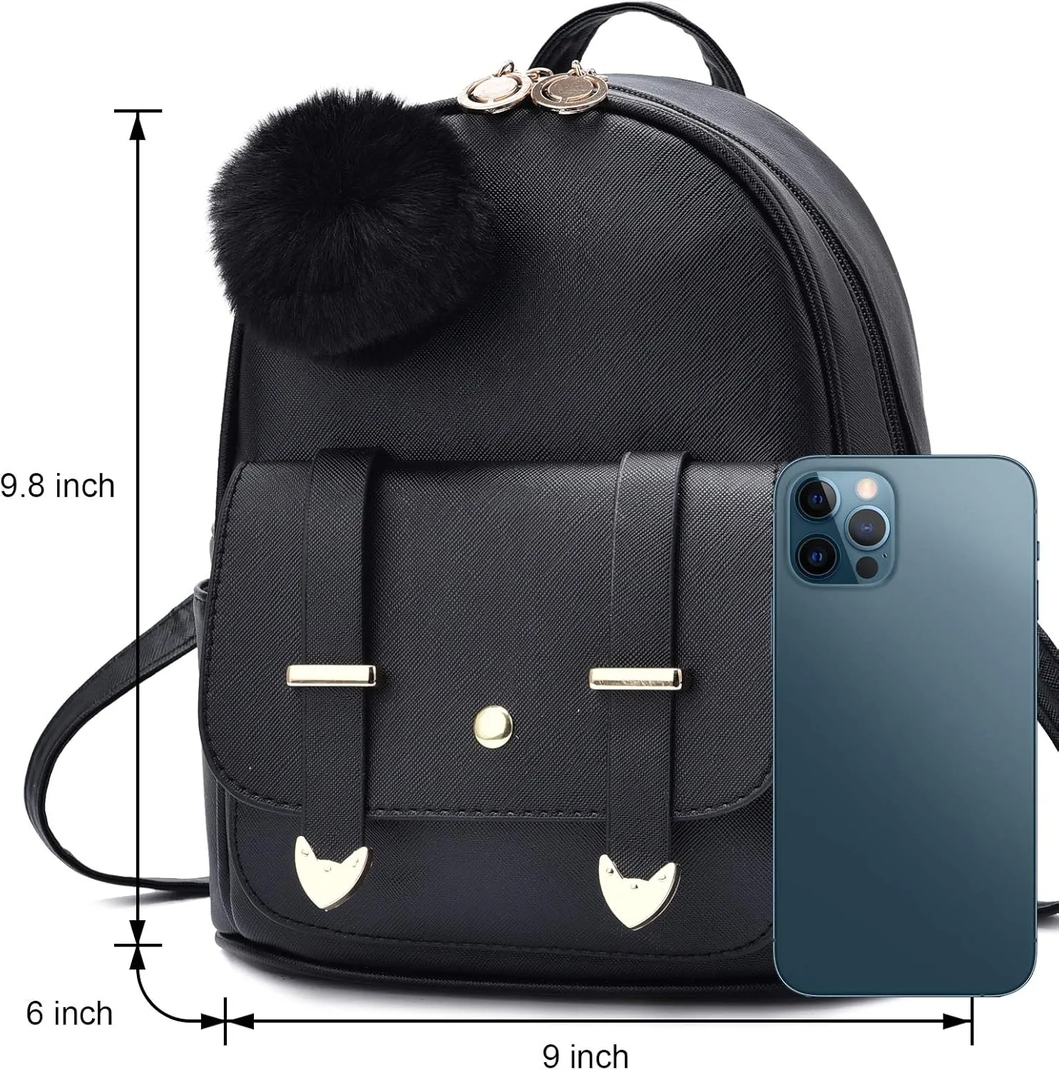 I IHAYNER Girls Fashion Backpack Mini Backpack Purse for Women Teenage Girls Purses PU Leather Pompom Backpack Shoulder Bag