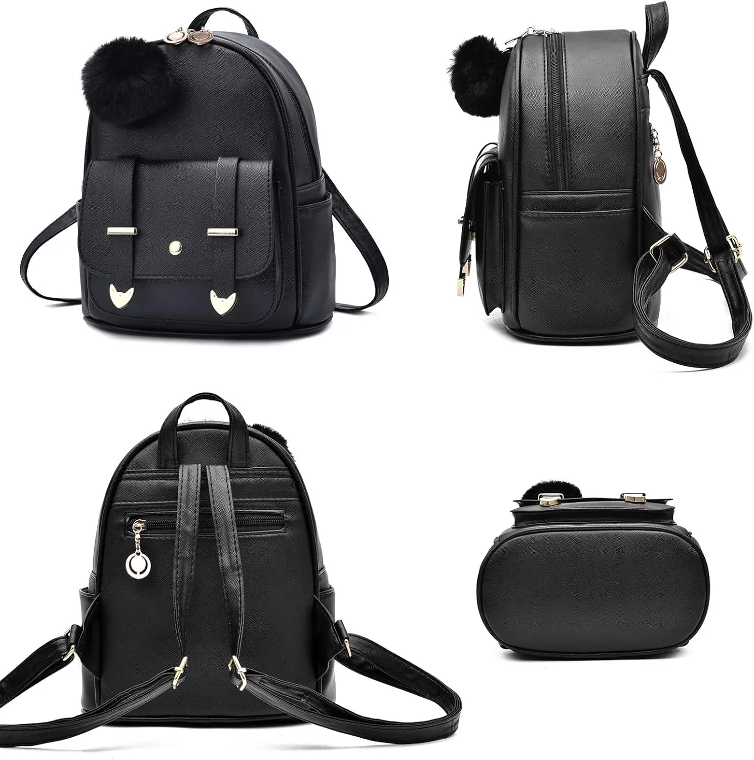 I IHAYNER Girls Fashion Backpack Mini Backpack Purse for Women Teenage Girls Purses PU Leather Pompom Backpack Shoulder Bag