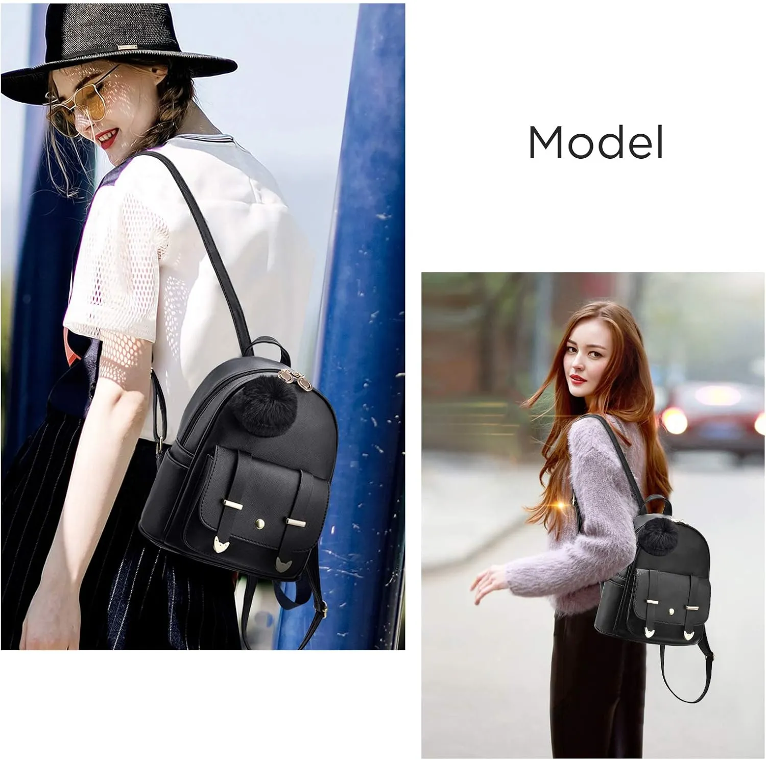 I IHAYNER Girls Fashion Backpack Mini Backpack Purse for Women Teenage Girls Purses PU Leather Pompom Backpack Shoulder Bag