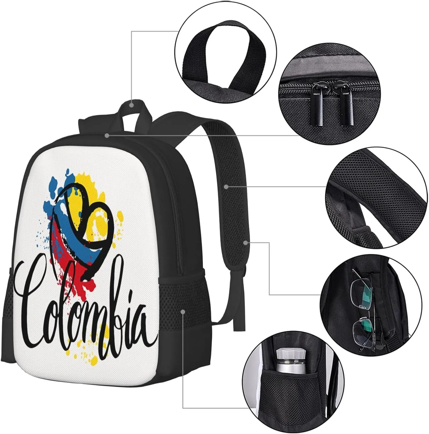I Love Colombia National Flag Colors Heart Casual Backpack Large Capacity Backpacks 15 Inch Laptop Back Pack Travel Rucksack Daypack Commuter Bags with Adjustable Strap for Camping