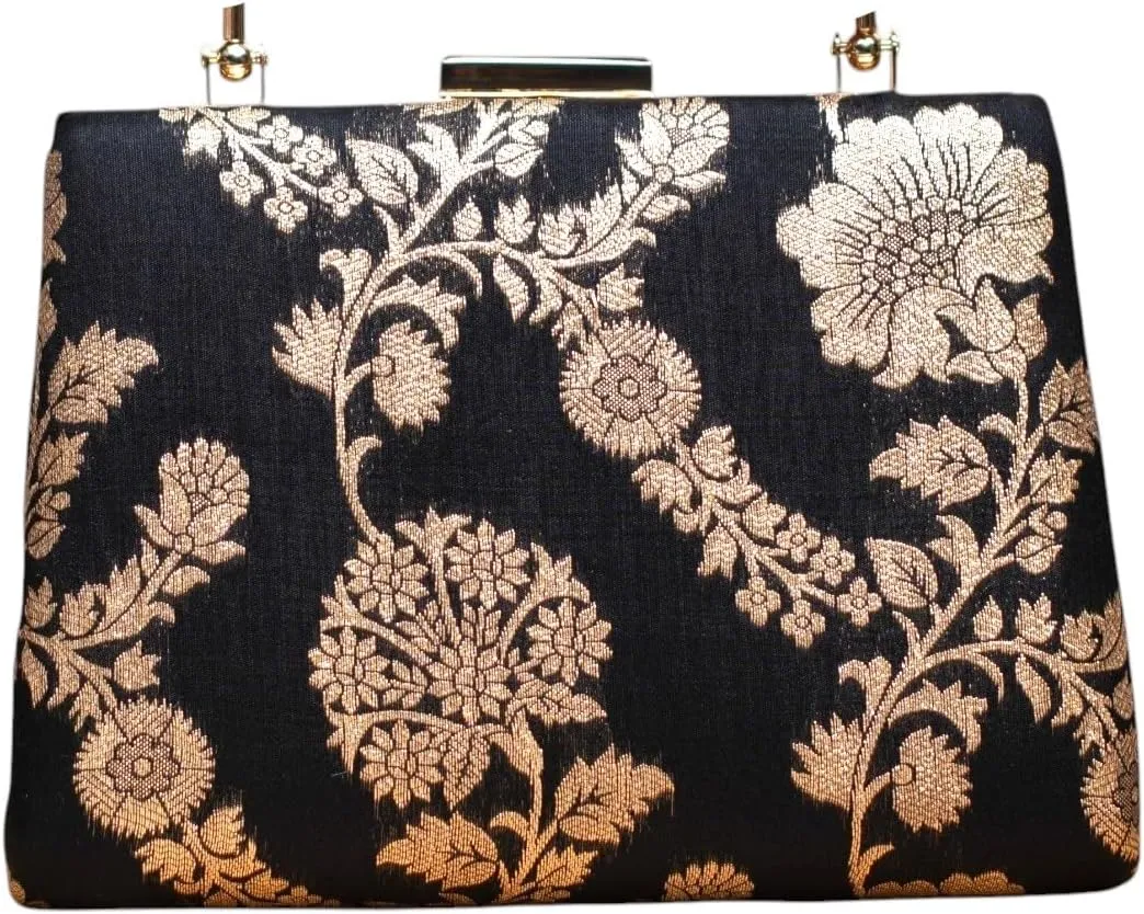 Indian Ethnic Designer Black with Golden Brocade Clutch for Women to Pair with Saree or any Indian Traditional Attire