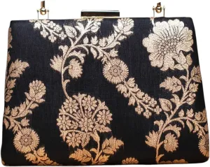 Indian Ethnic Designer Black with Golden Brocade Clutch for Women to Pair with Saree or any Indian Traditional Attire