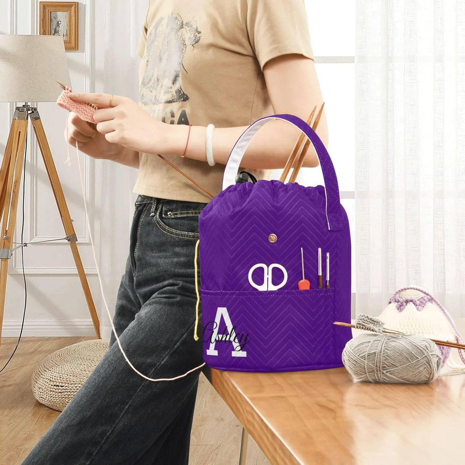 Indigo Custom Crochet Yarn Bag Personalized Small Crochet Bag Travel Yarn Storage Organizer Knitting Bag Craft Bag for Crochet Accessories, Knitting Needles, Crochet Hooks
