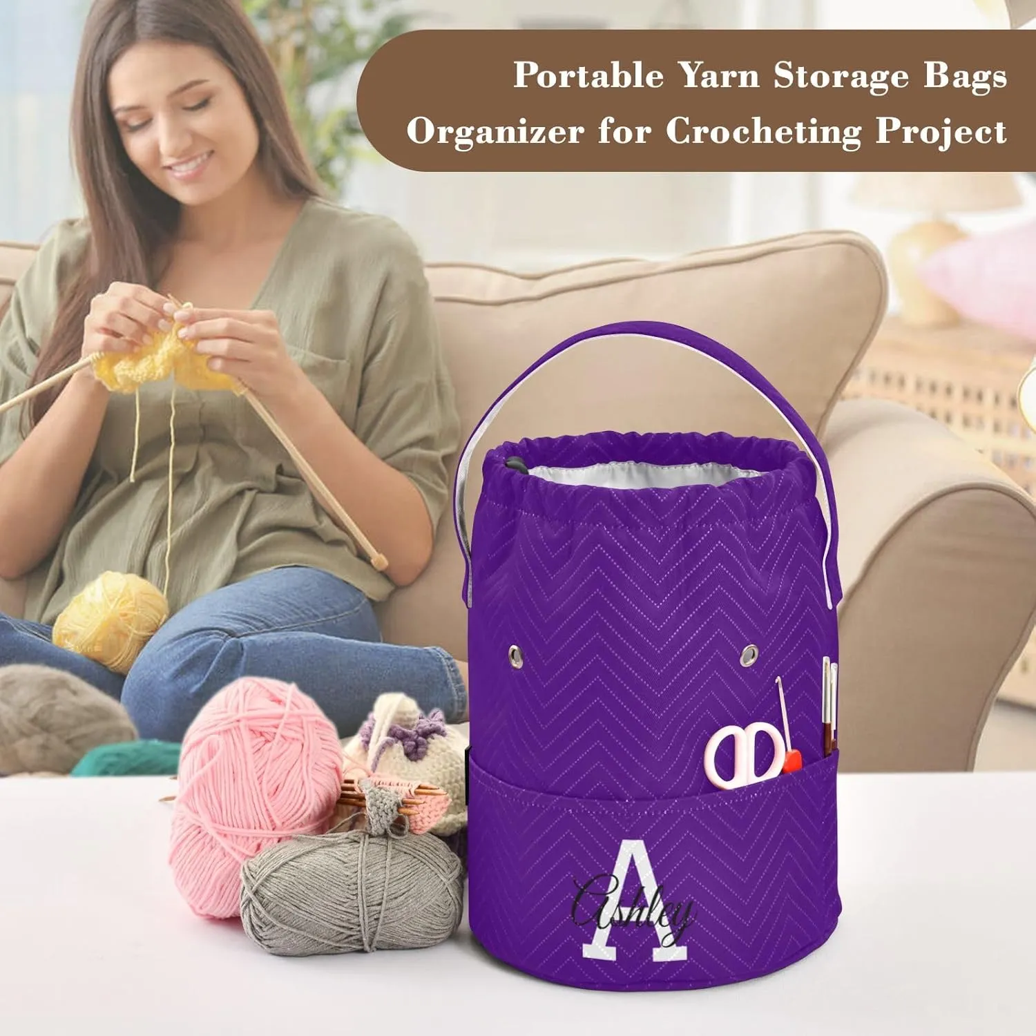 Indigo Custom Crochet Yarn Bag Personalized Small Crochet Bag Travel Yarn Storage Organizer Knitting Bag Craft Bag for Crochet Accessories, Knitting Needles, Crochet Hooks