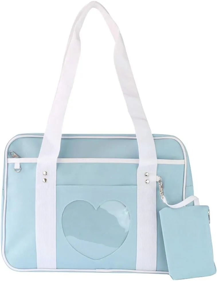 Ita Bag Heart Shape Window Japanese Handbag Large JK Bag Duffle Purse Anime Satchels for Lolita Comic DIY Cosplay Blue
