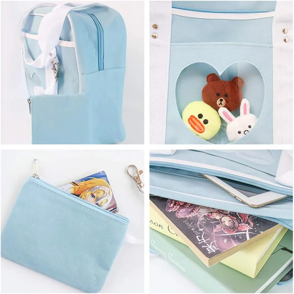Ita Bag Heart Shape Window Japanese Handbag Large JK Bag Duffle Purse Anime Satchels for Lolita Comic DIY Cosplay Blue