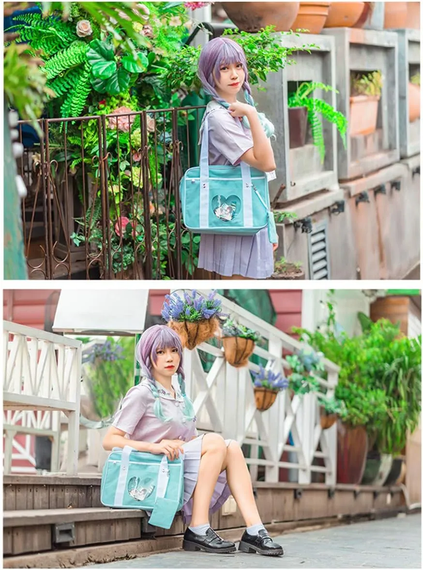 Ita Bag Heart Shape Window Japanese Handbag Large JK Bag Duffle Purse Anime Satchels for Lolita Comic DIY Cosplay Blue