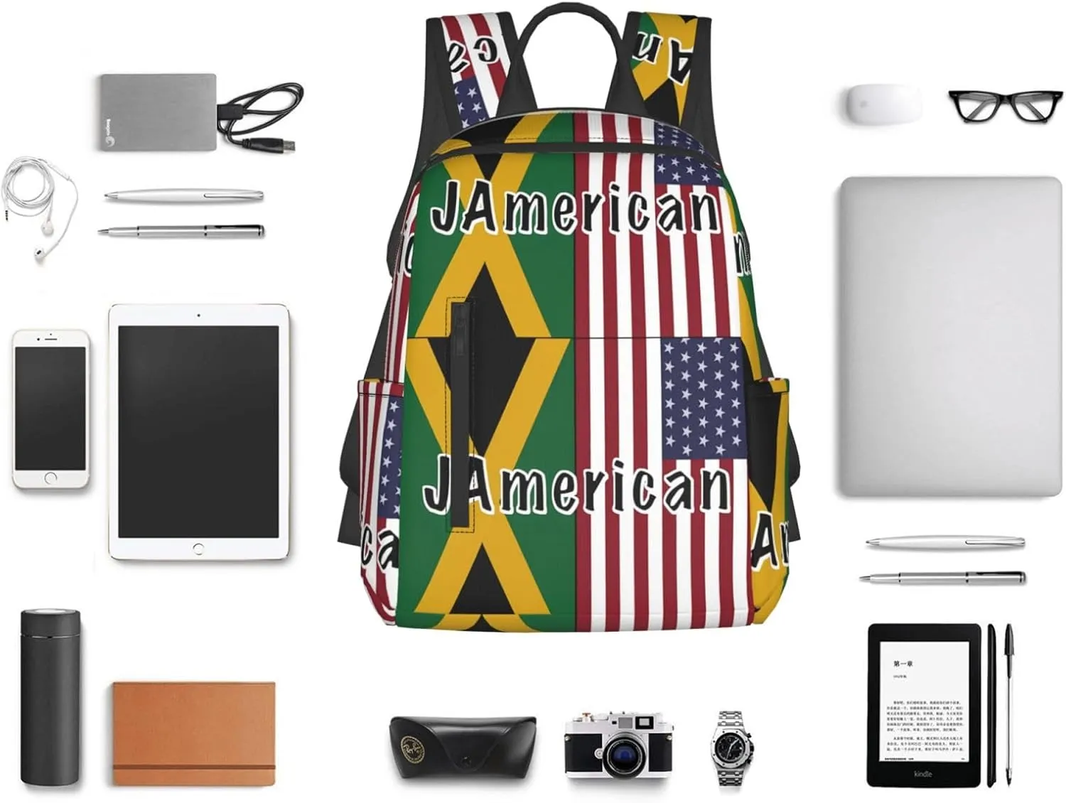 Jamaican Roots And American Flag Travel Backpacks Casual Laptop Backpack Sport Rucksack Large Capacity Daypack Multi-Pockets Adjustable Strap Bag for Working Hiking