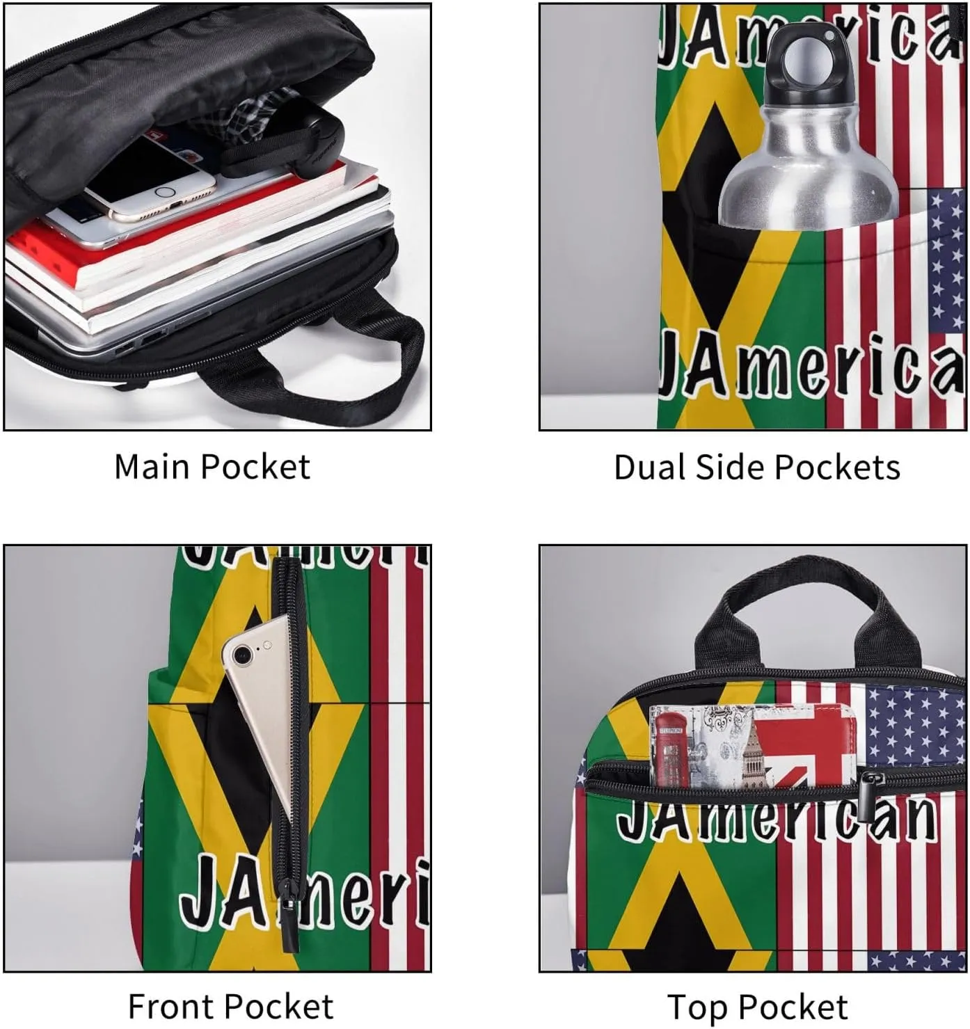 Jamaican Roots And American Flag Travel Backpacks Casual Laptop Backpack Sport Rucksack Large Capacity Daypack Multi-Pockets Adjustable Strap Bag for Working Hiking