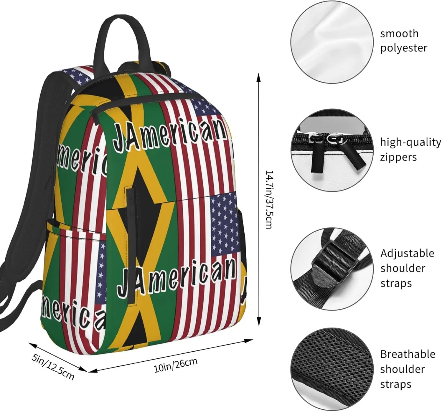 Jamaican Roots And American Flag Travel Backpacks Casual Laptop Backpack Sport Rucksack Large Capacity Daypack Multi-Pockets Adjustable Strap Bag for Working Hiking
