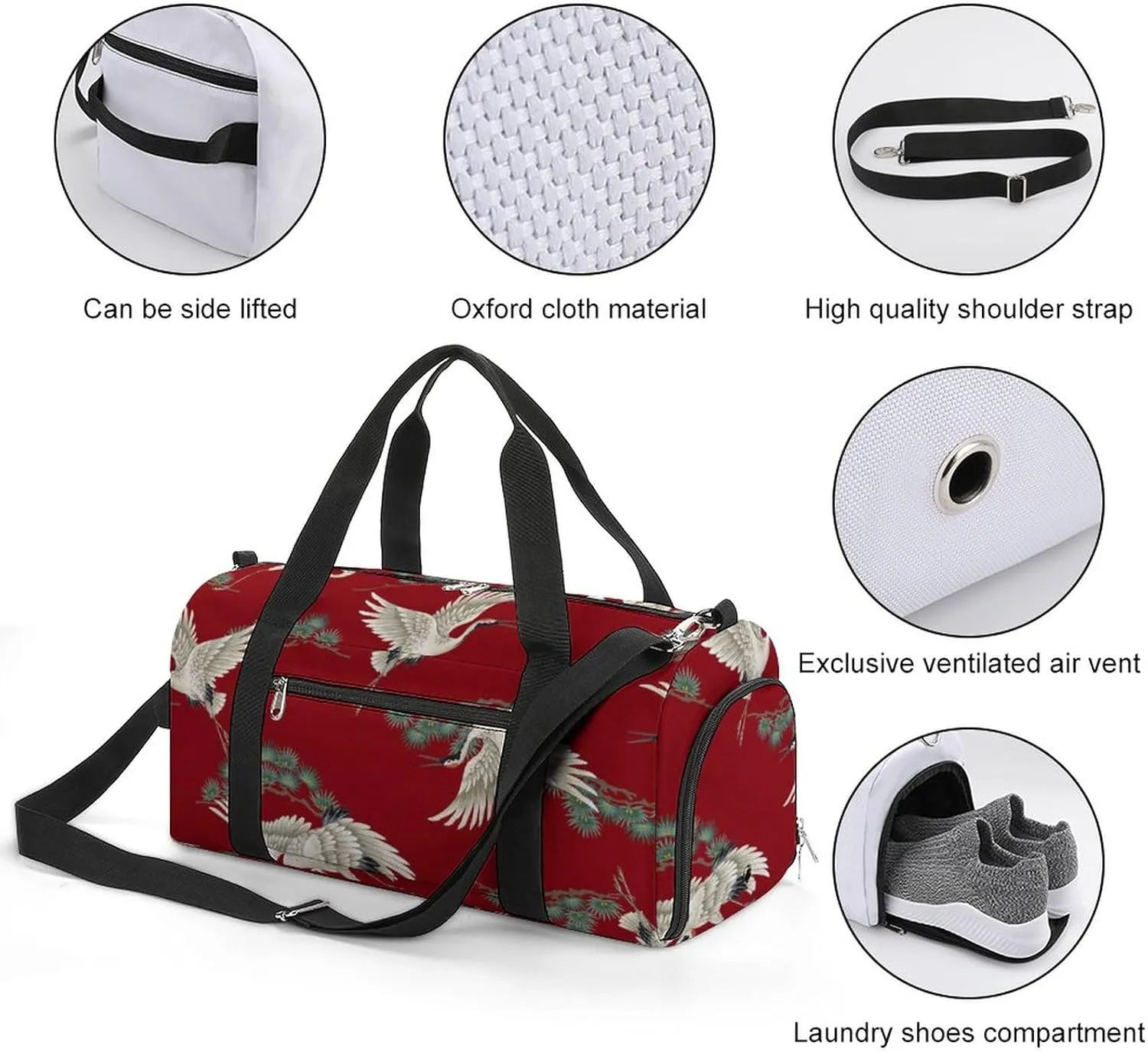 Japanese Crane Sports Tote Gym Bag for Women Men, Overnight Bag with Shoe Compartment Water Resistant