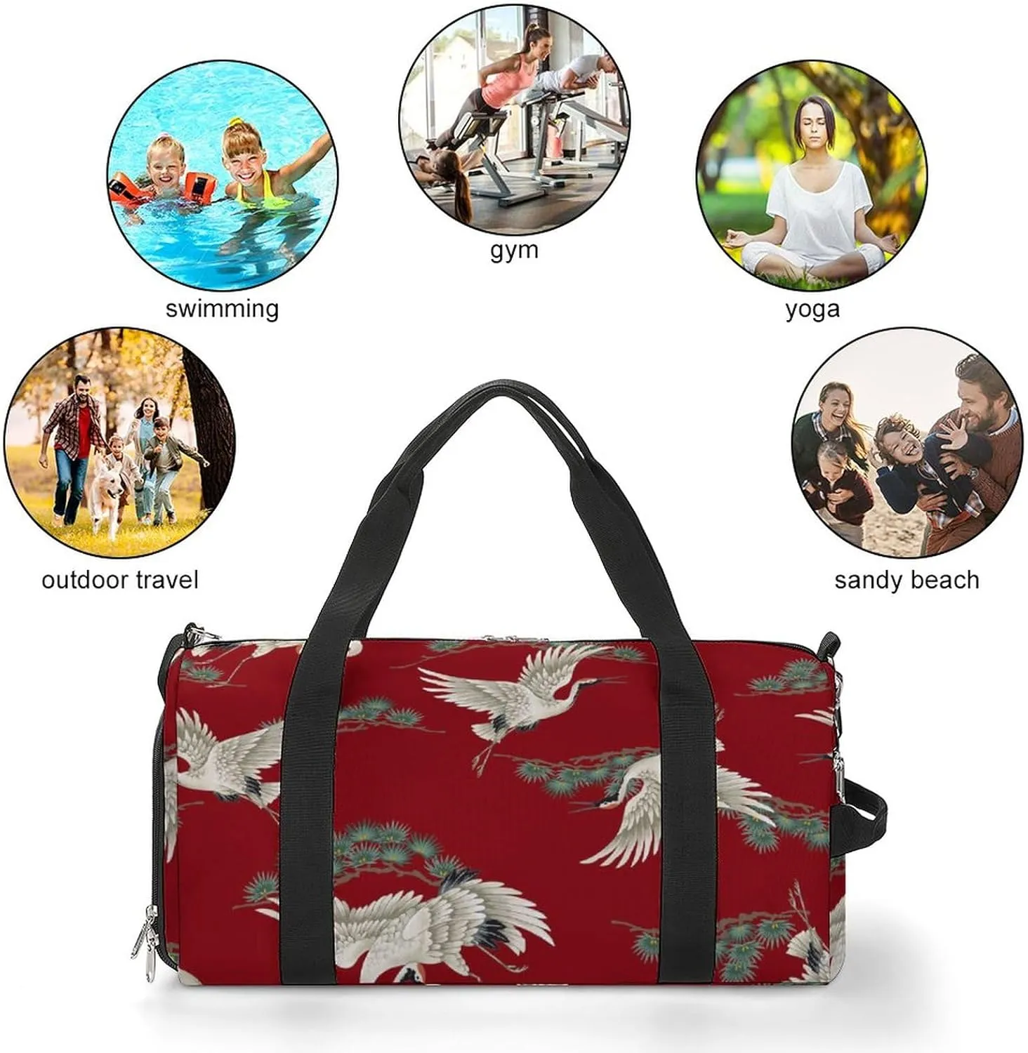 Japanese Crane Sports Tote Gym Bag for Women Men, Overnight Bag with Shoe Compartment Water Resistant