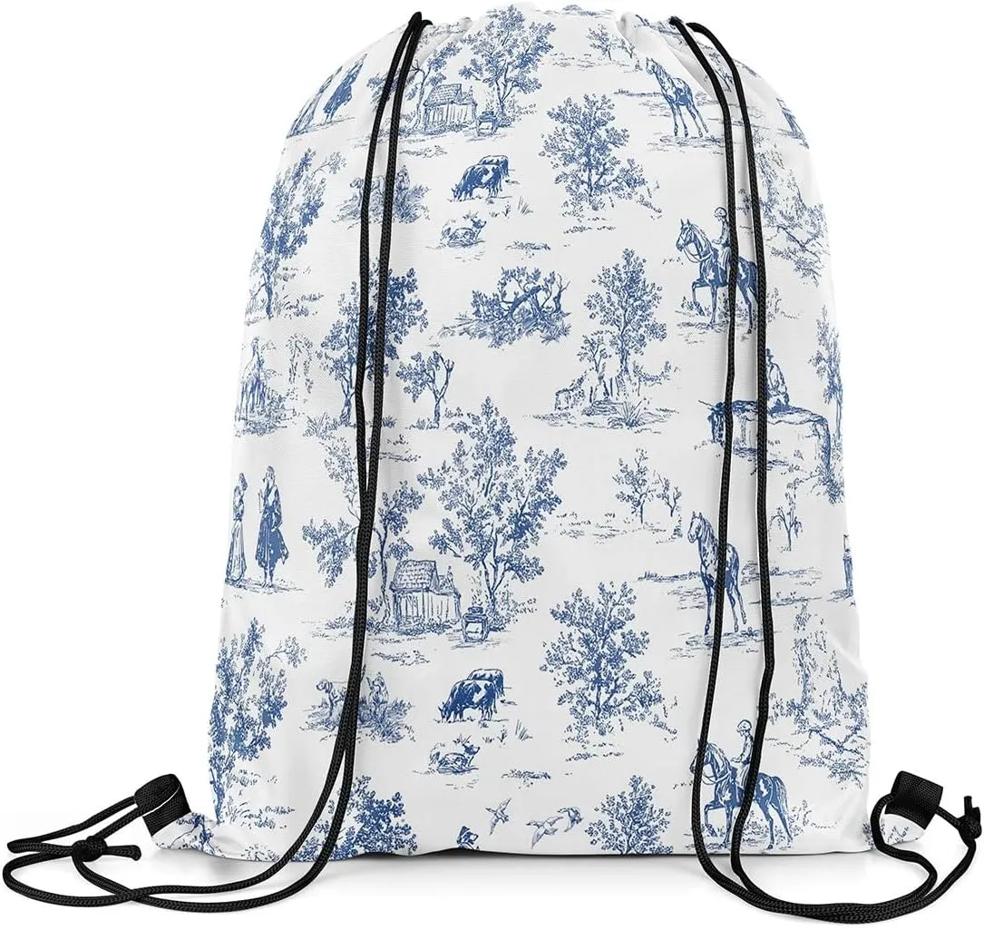 jejeloiu Western Drawstring Backpack 57"x3.1" Vintage French Country Waterproof Gym Drawstring Bags Blue White Sports String Backpack