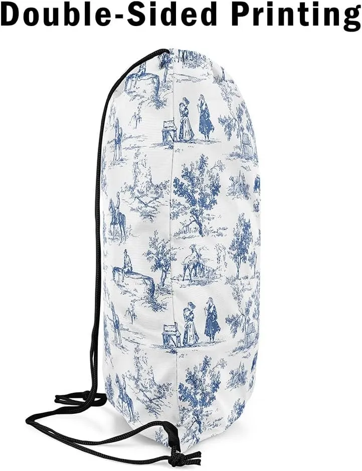 jejeloiu Western Drawstring Backpack 57"x3.1" Vintage French Country Waterproof Gym Drawstring Bags Blue White Sports String Backpack
