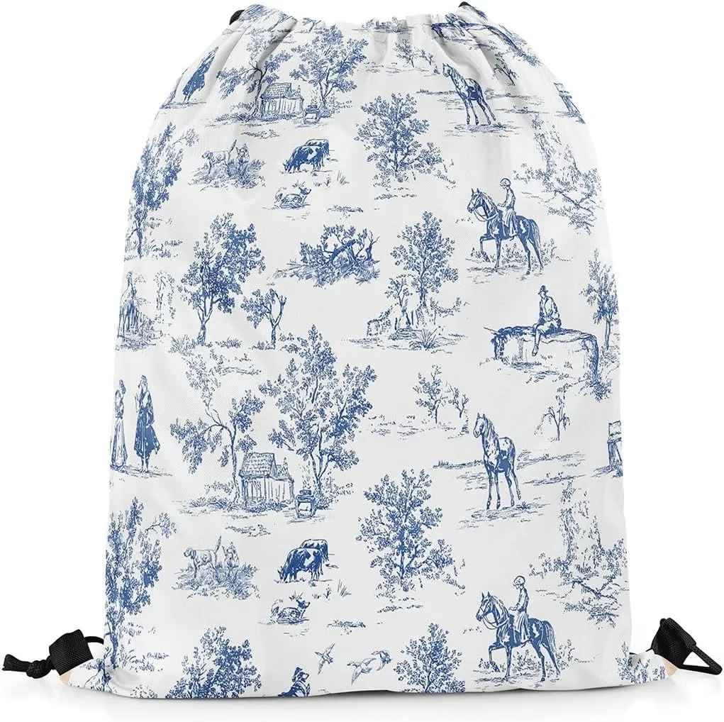 jejeloiu Western Drawstring Backpack 57"x3.1" Vintage French Country Waterproof Gym Drawstring Bags Blue White Sports String Backpack