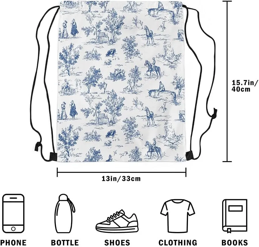 jejeloiu Western Drawstring Backpack 57"x3.1" Vintage French Country Waterproof Gym Drawstring Bags Blue White Sports String Backpack