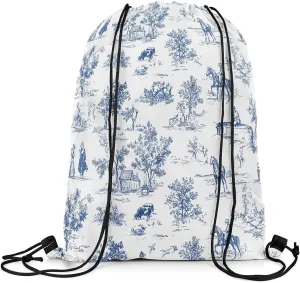jejeloiu Western Drawstring Backpack 57"x3.1" Vintage French Country Waterproof Gym Drawstring Bags Blue White Sports String Backpack