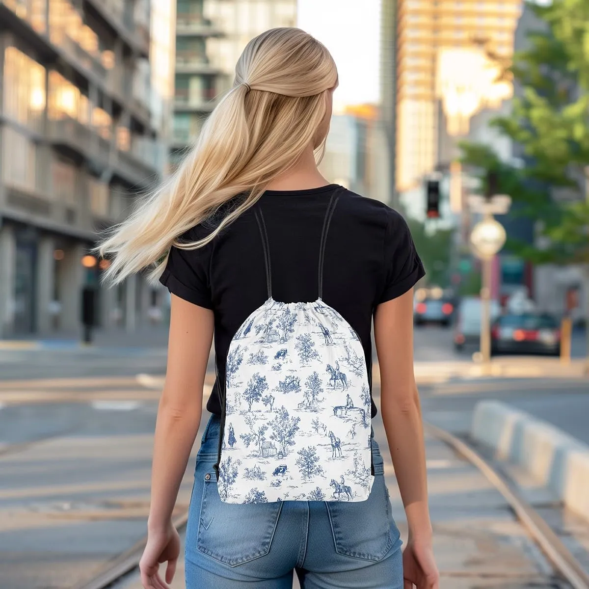 jejeloiu Western Drawstring Backpack 57"x3.1" Vintage French Country Waterproof Gym Drawstring Bags Blue White Sports String Backpack