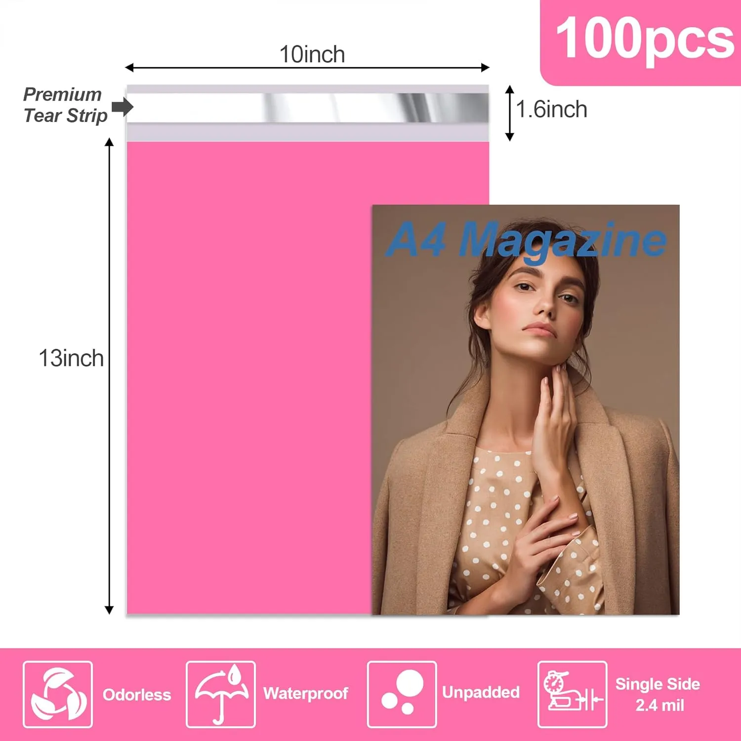 JinRuiKJ Poly Mailers 10x13 Inch 100 Pcs, Strong Adhesive Shipping Bags for Clothing, Durable Thick Mailing Envelopes with Self Seal, Packaging Bags for Small Business - Pink