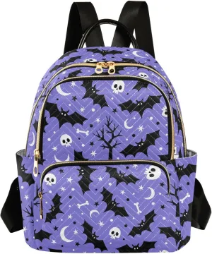 JIPONI Halloween Bat Skull Moon Star Backpack Purse for Women Lightweight Back Pack Casual Daypack Travel Shoulder Bag Bookbag - S