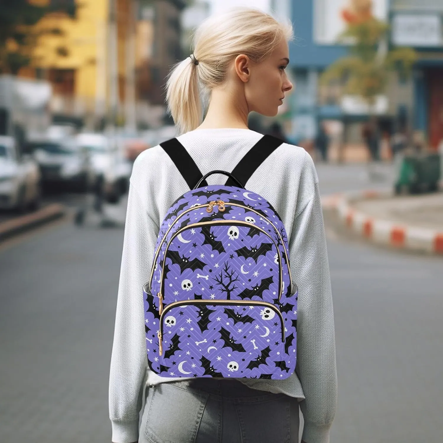 JIPONI Halloween Bat Skull Moon Star Backpack Purse for Women Lightweight Back Pack Casual Daypack Travel Shoulder Bag Bookbag - S