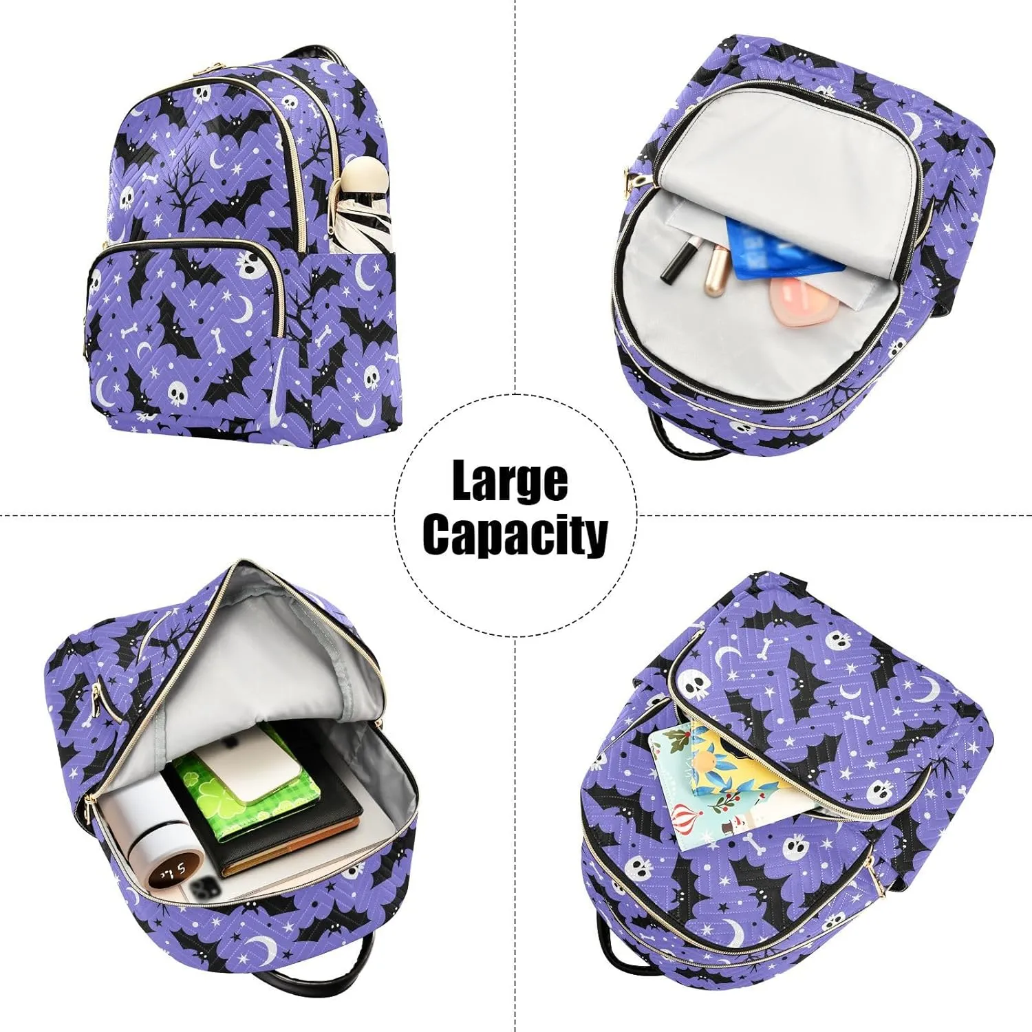 JIPONI Halloween Bat Skull Moon Star Backpack Purse for Women Lightweight Back Pack Casual Daypack Travel Shoulder Bag Bookbag - S