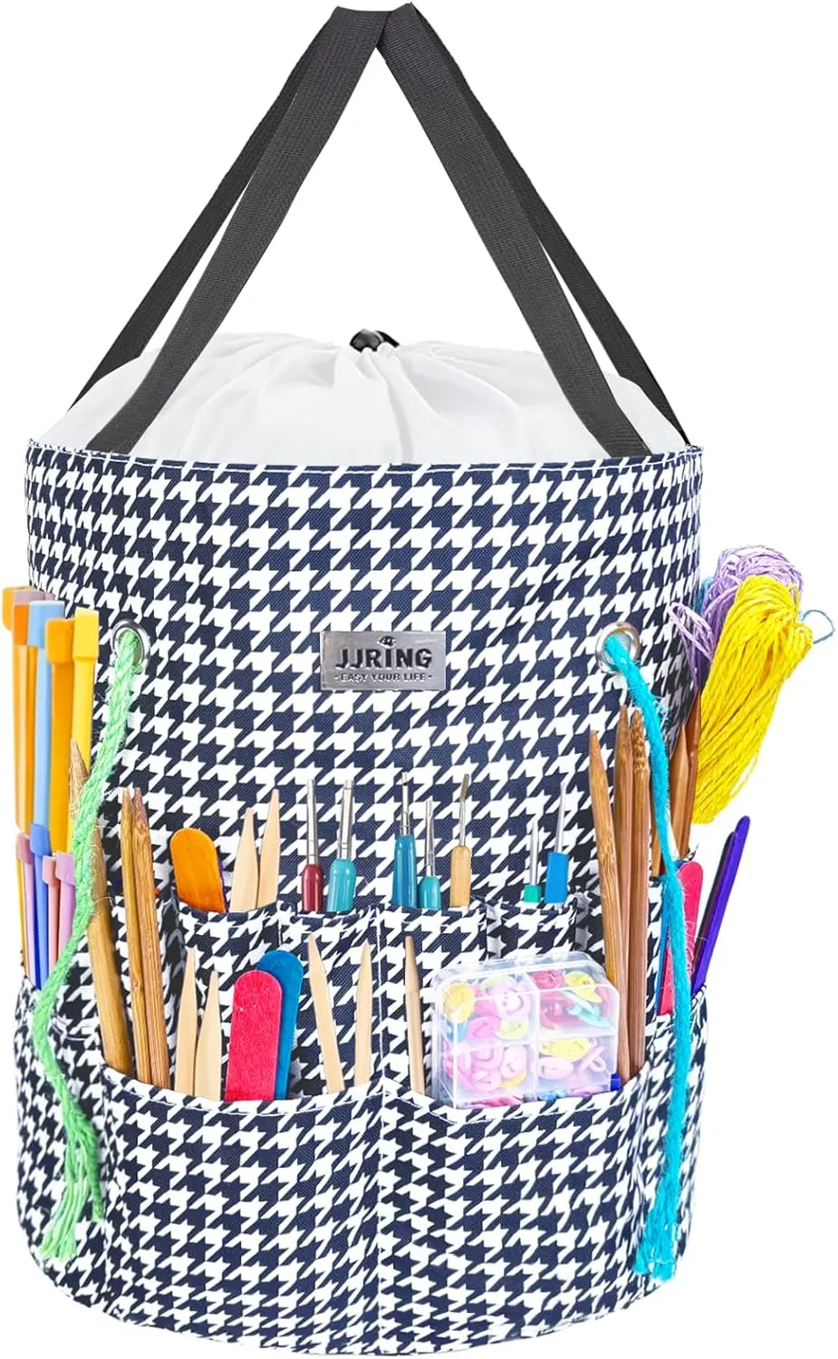 JJRING Crochet Bag, Knitting Bag Yarn Storage with 6 Oversized Grommets, Portable Yarn Organizer for Crochet Accessories and Supplies, Black&white