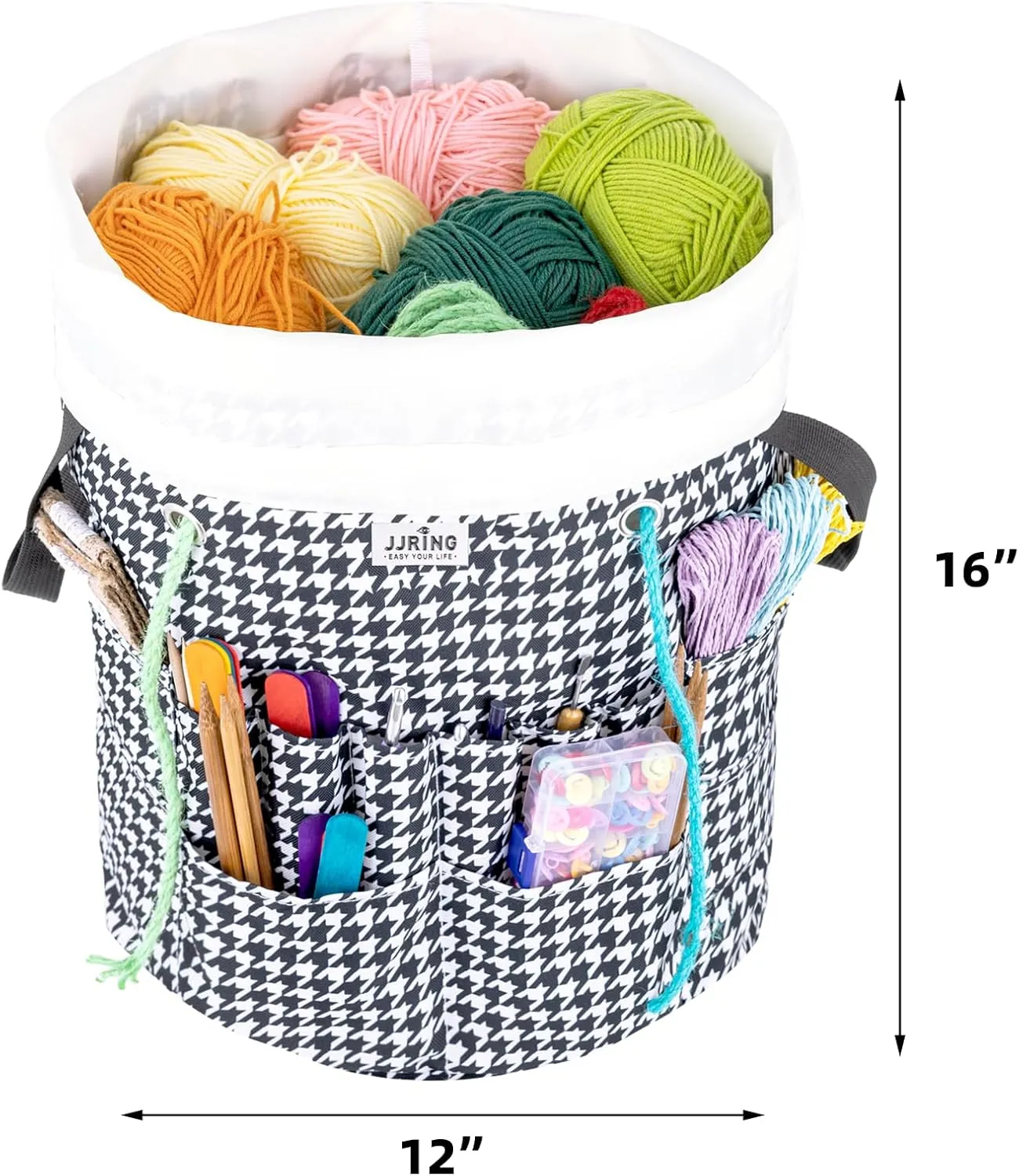 JJRING Crochet Bag, Knitting Bag Yarn Storage with 6 Oversized Grommets, Portable Yarn Organizer for Crochet Accessories and Supplies, Black&white