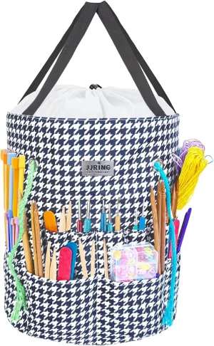 JJRING Crochet Bag, Knitting Bag Yarn Storage with 6 Oversized Grommets, Portable Yarn Organizer for Crochet Accessories and Supplies, Black&white