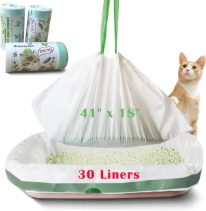Jumbo Cat Litter Box Liners - 30 Count Extra Large Drawstring Bags, 4 Mils Thickness Pan Liner for Pet Cats and Kitties - 41" x 18" Oversized