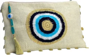Karens Line Evil Eye Eco Friendly Jute Handheld Clutch Purse Large Space with Zipper Closure&Crystal Decoration Off-White&Gold