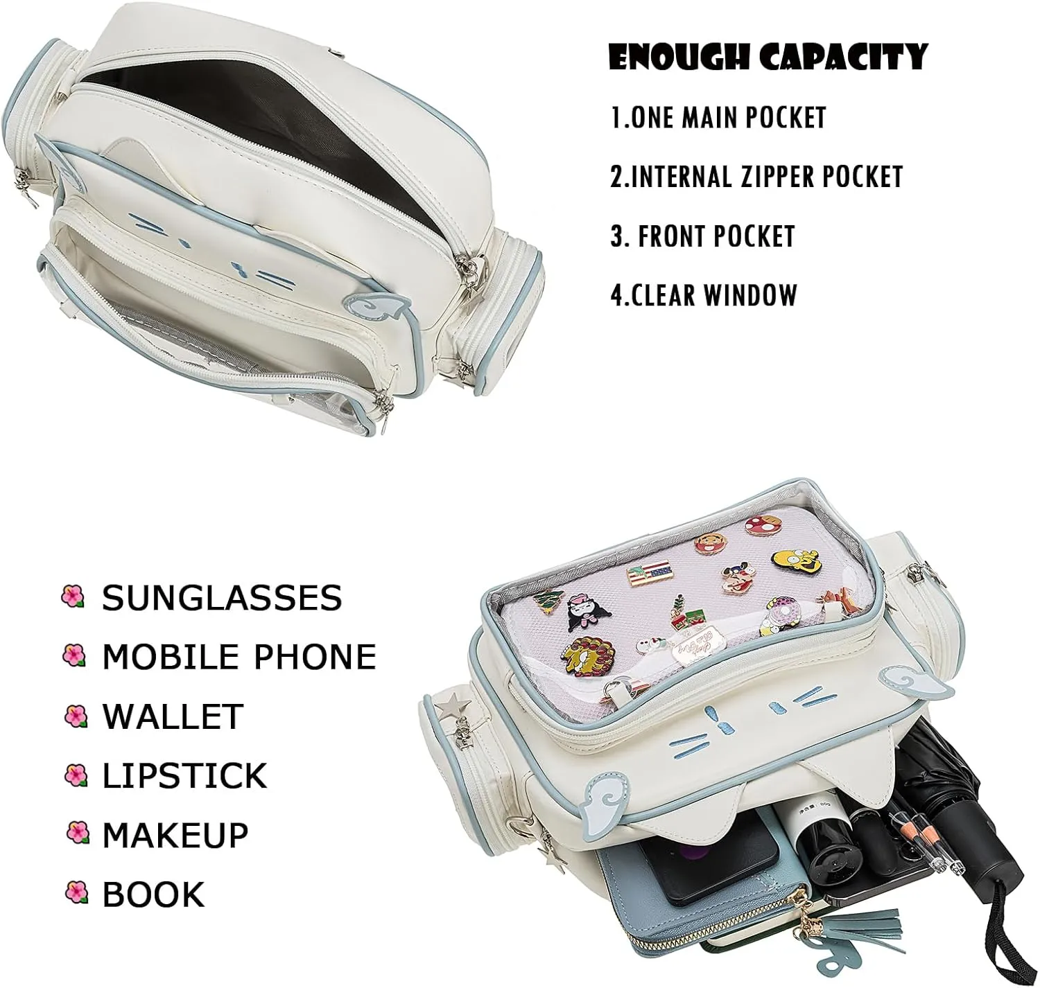 Kawaii Ita Bag Crossbody Bag Cute White Cat Backpack Girls Shoulder Bags Pin Display with Insert
