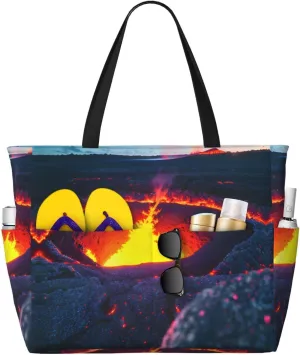 Kilauea Volcano Print Stylish Beach Tote Bag,Large Capacity Handbag,Perfect For Women'S Vacation And Daily Use