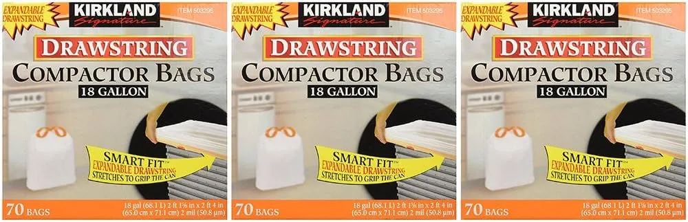 Kirkland Compactor Bags, 18 Gallon, Smart Fit Gripping Drawstring, 70 Count (3 Pack)