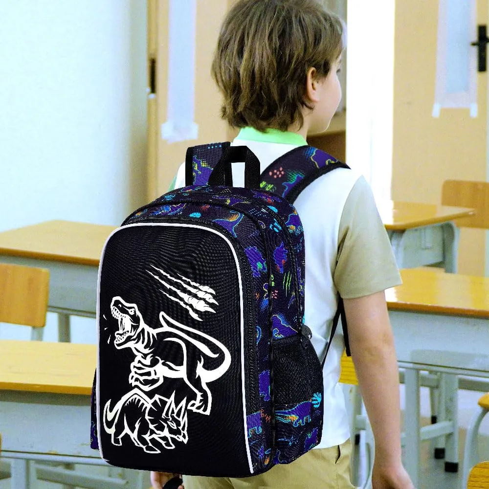 KLFVB 3PCS Boys Dinosaur Backpack, Luminous School Backpacks with Lunch Box, 17" Water Resistant Kids Camo Bookbag for Middle Elementary Teens to School Travel - Luminous Dinosaur